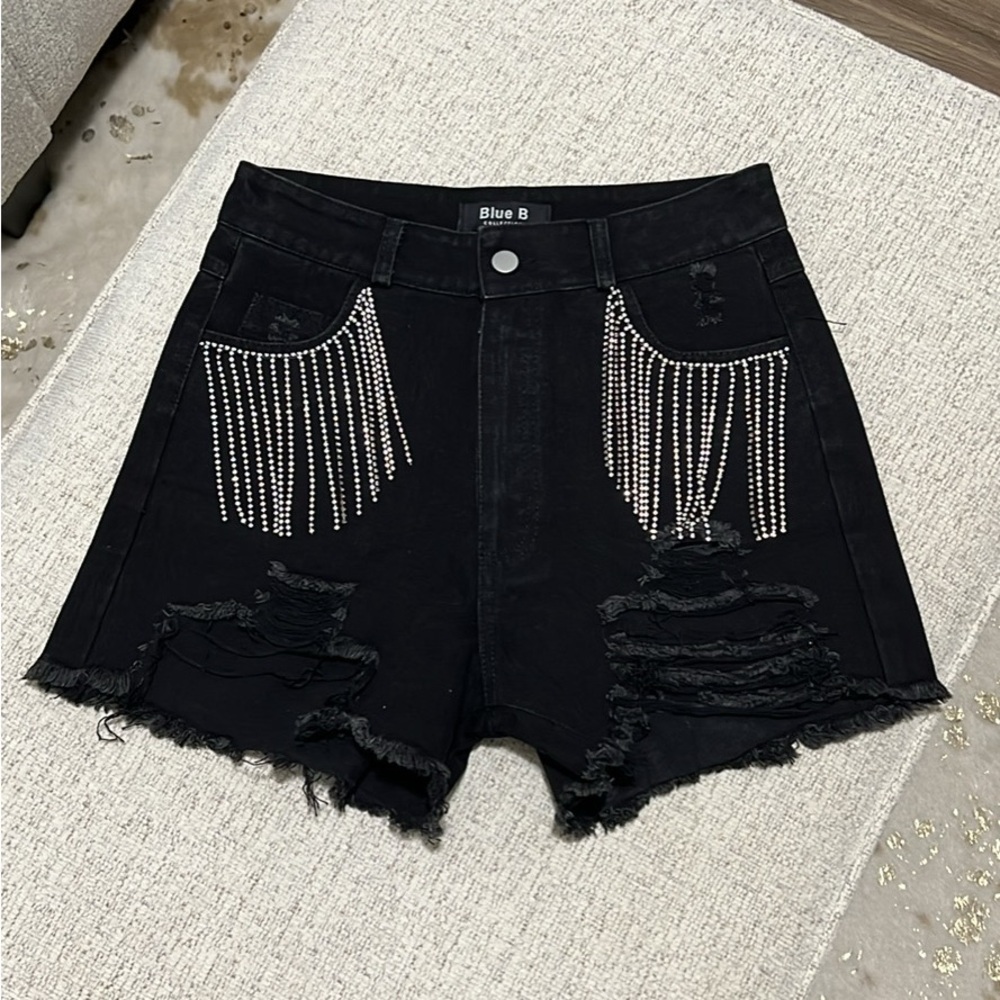 Blue B Black Denim Shorts with Rhinestone Accents